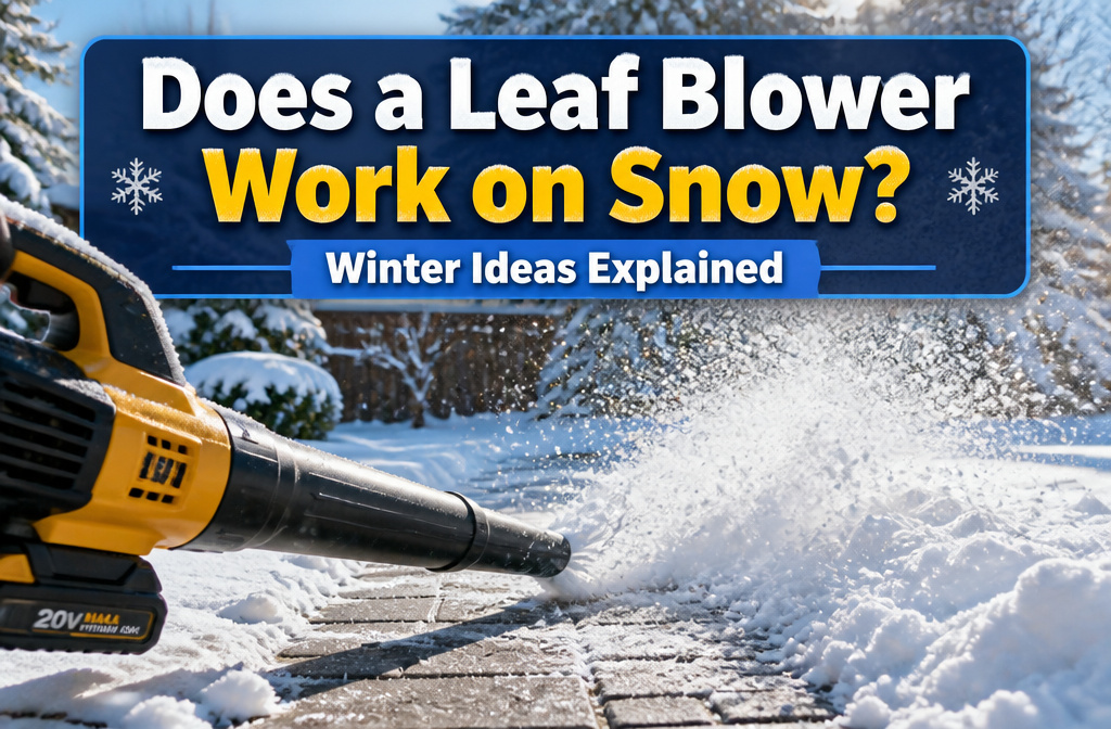 A leaf blower positioned on a snowy surface with a garden shed in the background.