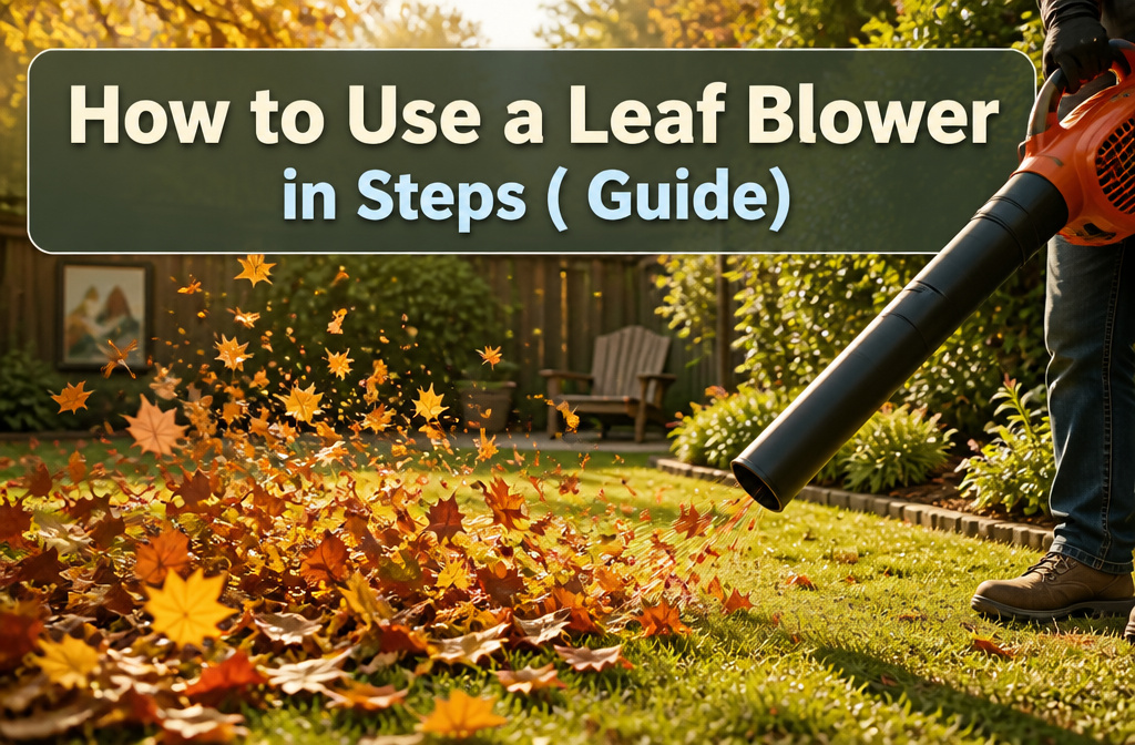A person stands with a leaf blower in a garden preparing for use.