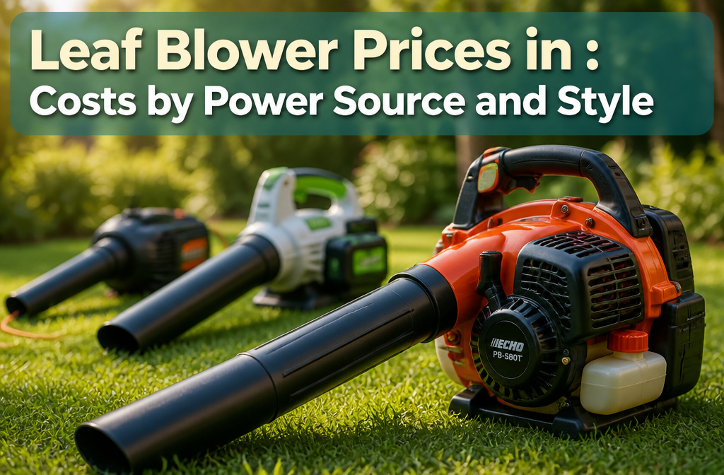 A collection of different types of leaf blowers on display.