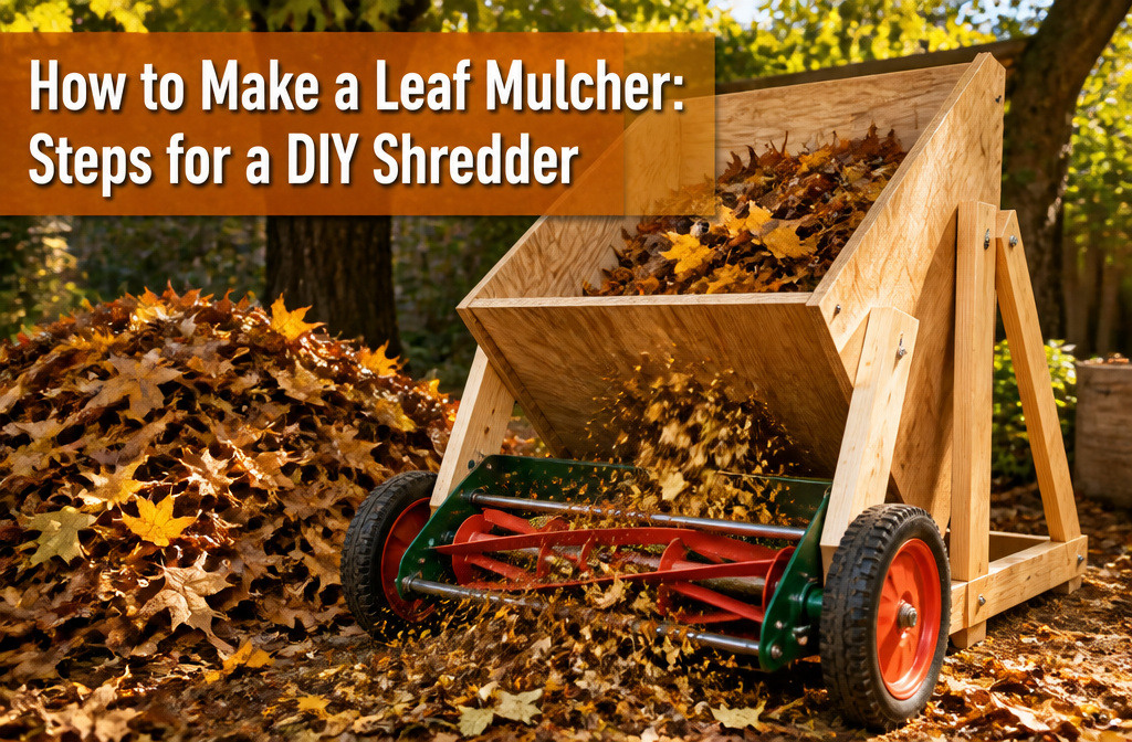 A homemade leaf mulcher positioned in a garage with leaves nearby.