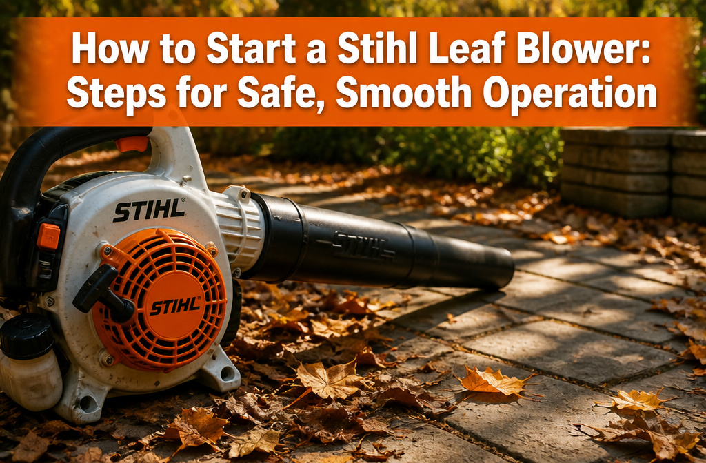 Stihl leaf blower and instruction manual on a wooden workbench.