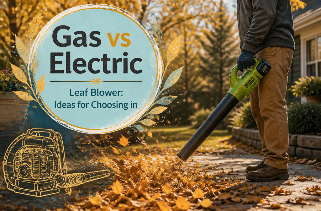 Gas and electric leaf blowers shown together for comparison.