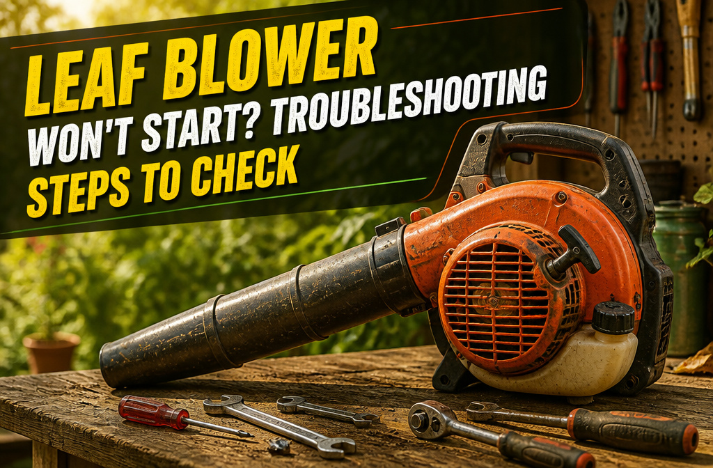 Leaf blower on a workbench with tools for maintenance and repair.