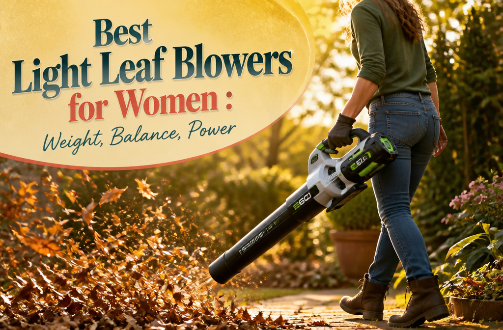 Various light leaf blowers displayed on a wooden surface.