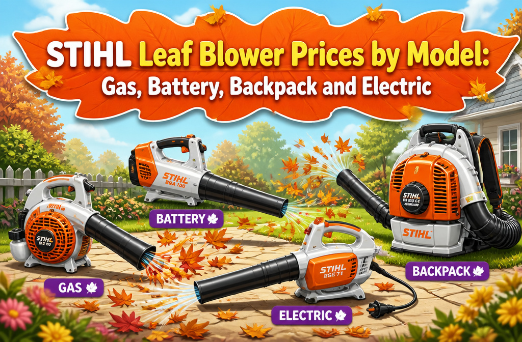 A collection of various STIHL leaf blowers displayed together.