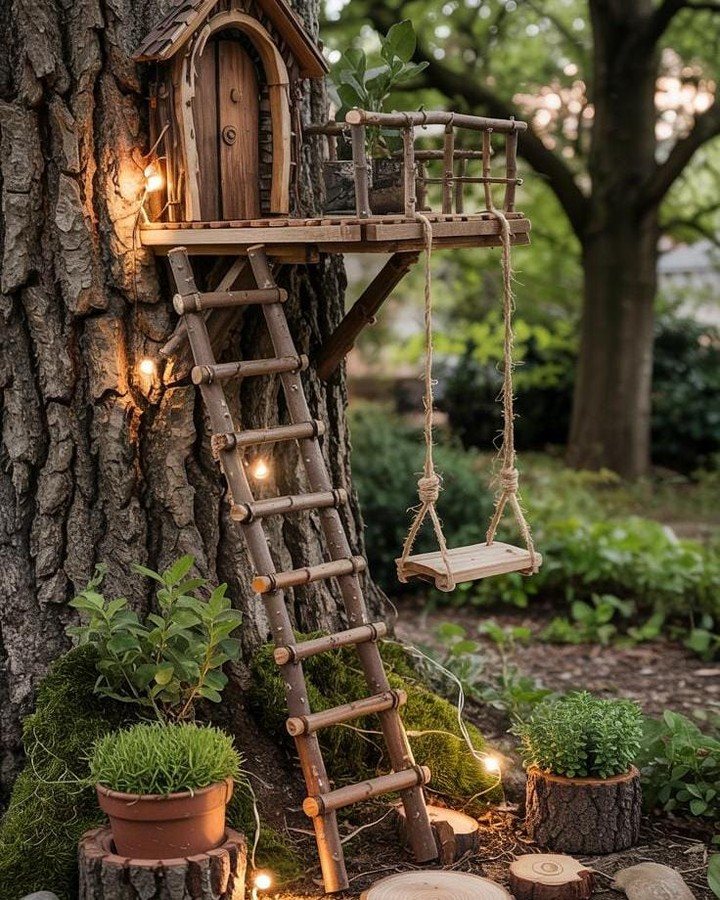 A miniature wooden fairy house with a balcony and swing attached to a large tree trunk.