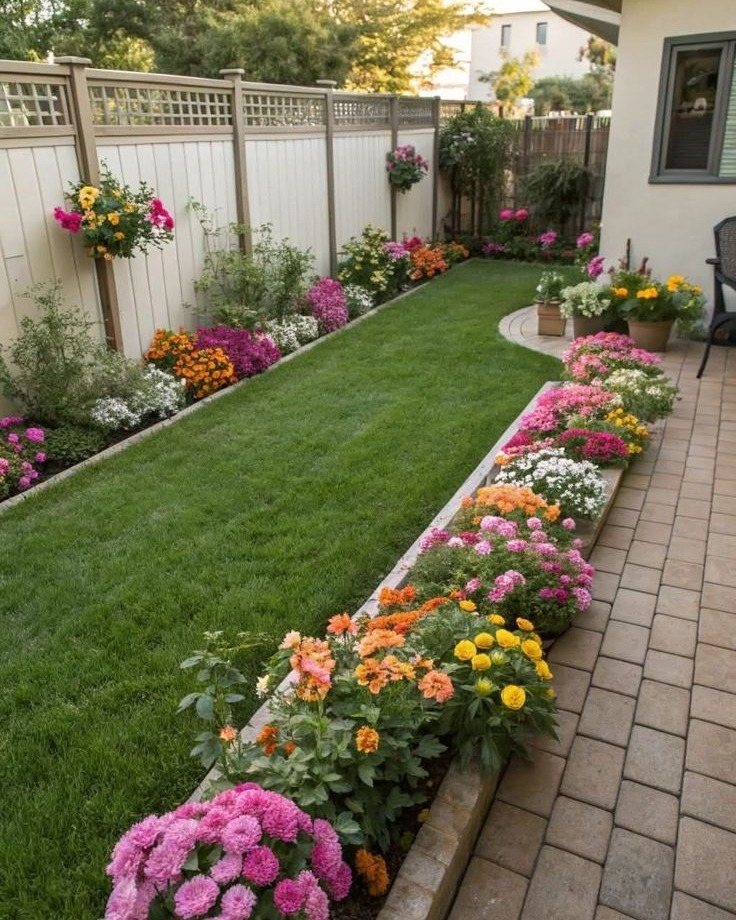 Colorful flower beds lining a narrow green lawn between a fence and a stone patio.