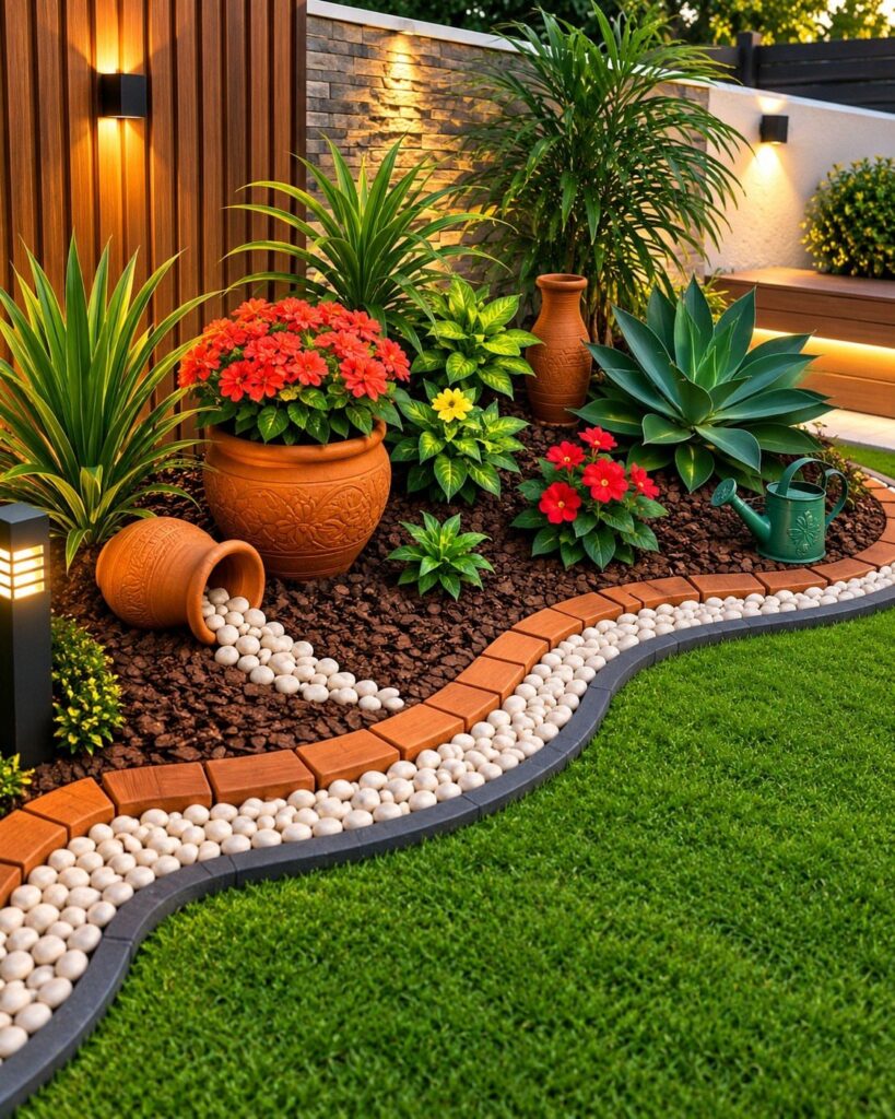 Landscaped garden bed with red flowers, succulents, and decorative stone borders next to a green lawn.
