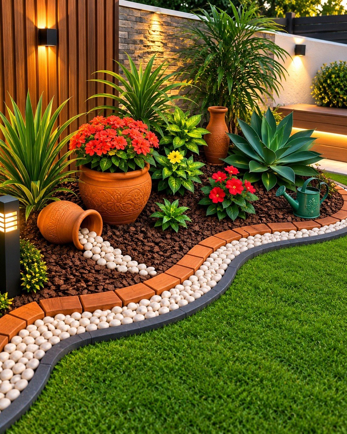 Landscaped garden bed with red flowers, succulents, and decorative stone borders next to a green lawn.